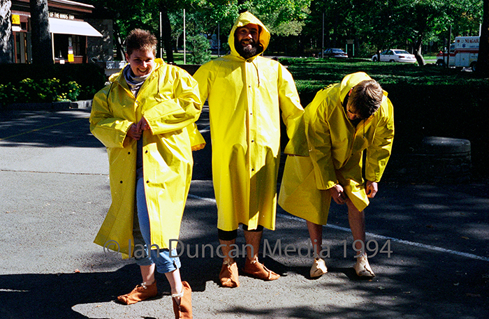 MEET THE FLINTSTONES... Getting kitted out for the Cave of the Winds tour...