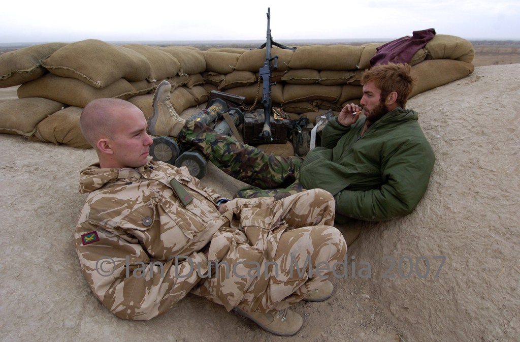 SMOKE BREAK... British troops at Patrol Base Oscar 4-4 in Helmand province in Afghanistan...