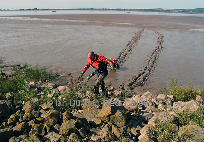 LANDFALL... Graham Boanas makes it to the southern bank of the River Humber after his historic river crossing...
