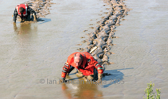 HARD SLOG... Graham Boanas struggles through the thick brown mud of the River Humber...