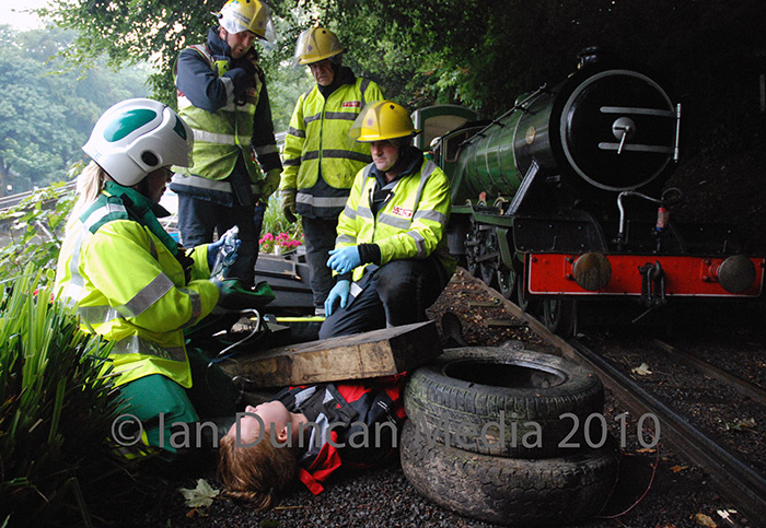 RESCUE OPERATION... Members of emergency services during the training exercise on the North Bay Railway in Scarborough...