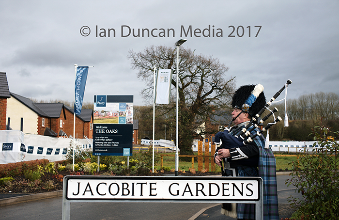 NOT FORGOTTEN... Piper Alan Marshall plays at Jacobite Gardens, part of The Oaks development at Clifton on the anniversary of the skirmish between the Jacobites and the English forces...