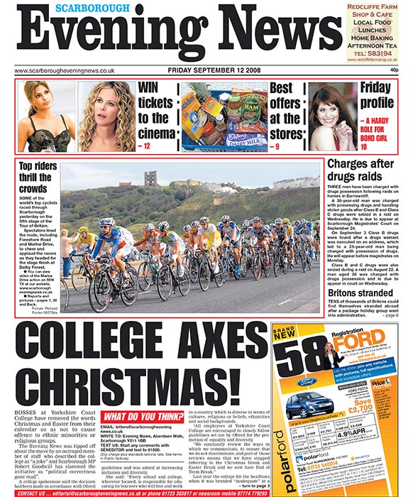 FRONT PAGE NEWS... The story as it appeared in the Scarborough Evening News...