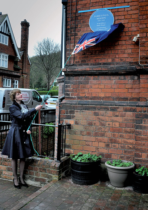 BLUE PLAQUE... Philippa Webster, the great niece of James Paul Moody, unveils the plaque at 17 Granville Road in Scarborough...