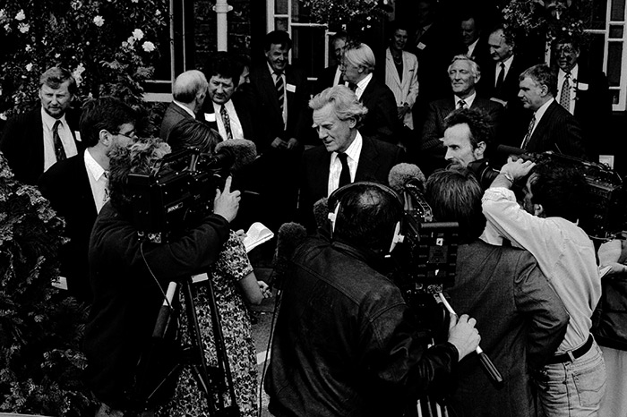 FACE THE PRESS... Michael Heseltine at the Low Wood Hotel on Lake Windermere on the day it was leaked he was going to challenge John Major...