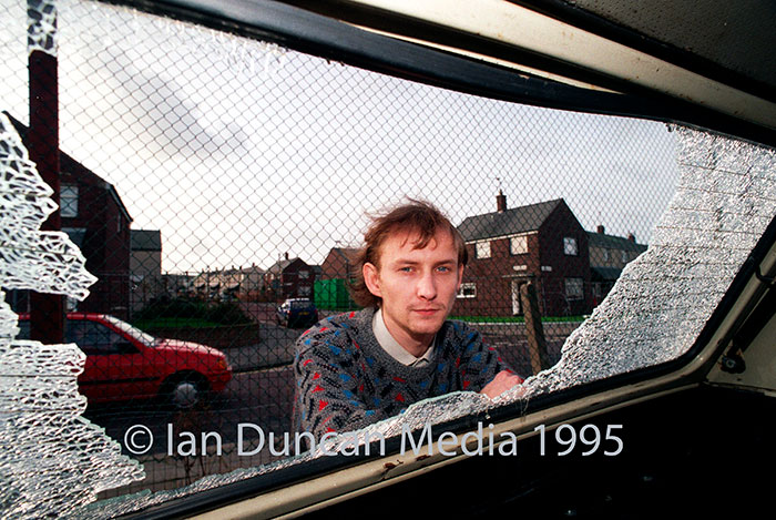 DAMAGE... Paul Stephenson with the smashed car window...