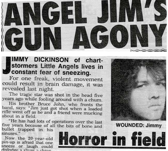 NATIONAL NEWS... The tabloid headline and article reporting Jim Dickinson’s injury and subsequent after effects...