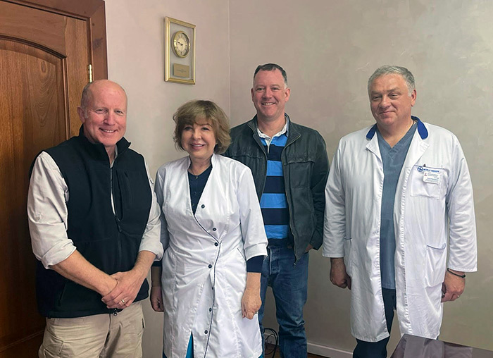 ON THE FRONT LINE... Andy Kent (left) meeting with fellow medics in Zaporizhzhya...