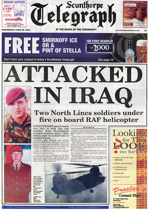 FRONT PAGE... The story as it appeared in the Scunthorpe Telegraph...