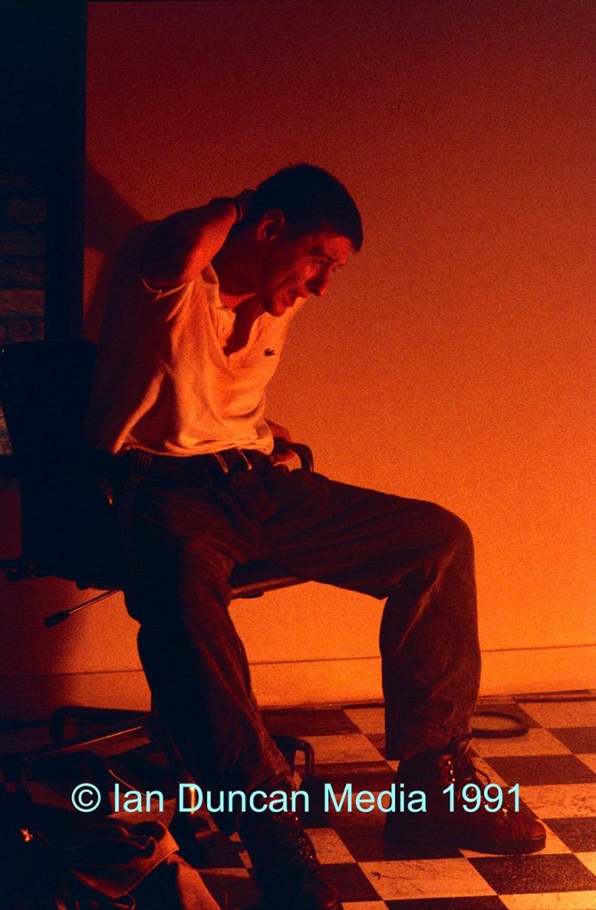 JUDGE FUDGE... Happy Mondays vocalist Shaun Ryder during the video shoot at the HQ of Factory in Manchester... 