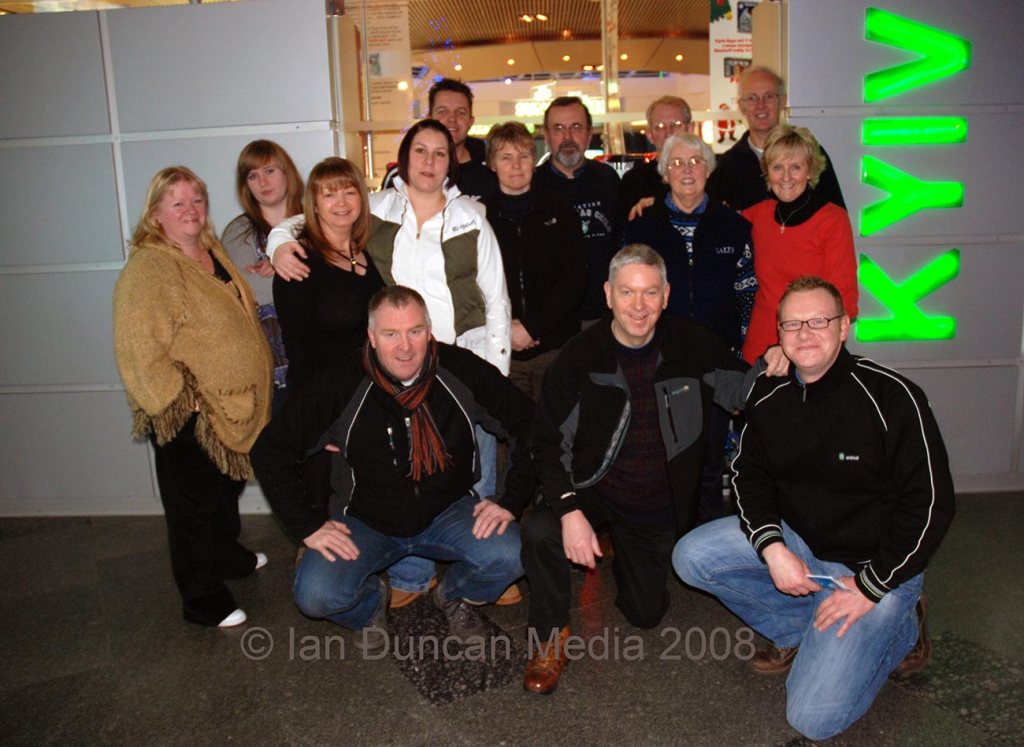 JOURNEY HOME... The team at Kyiv airport before catching the flight back to the UK...