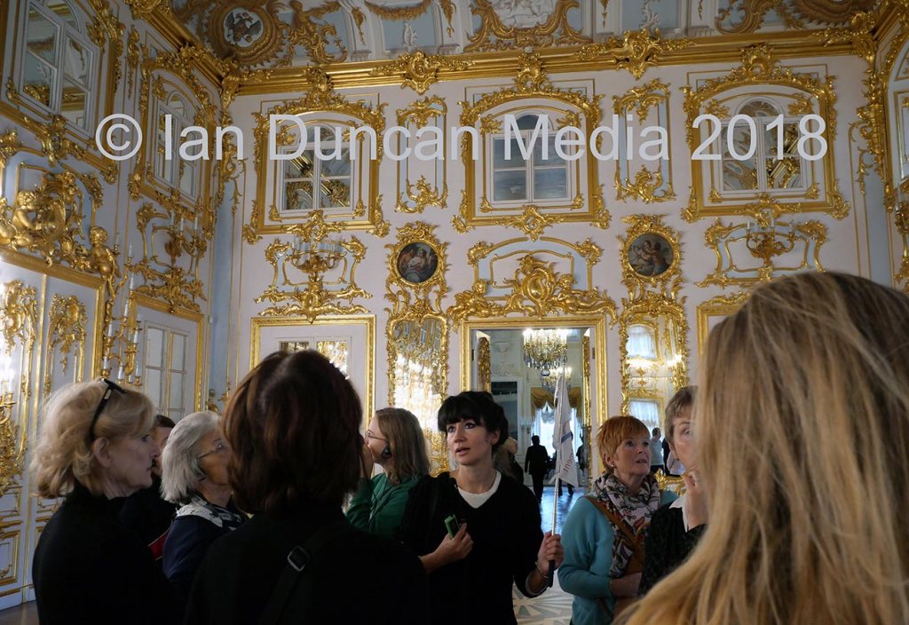PETERHOF PALACE... Our guide, Anya in the centre, during our visit to the museum and park in St Petersburg in Russia...