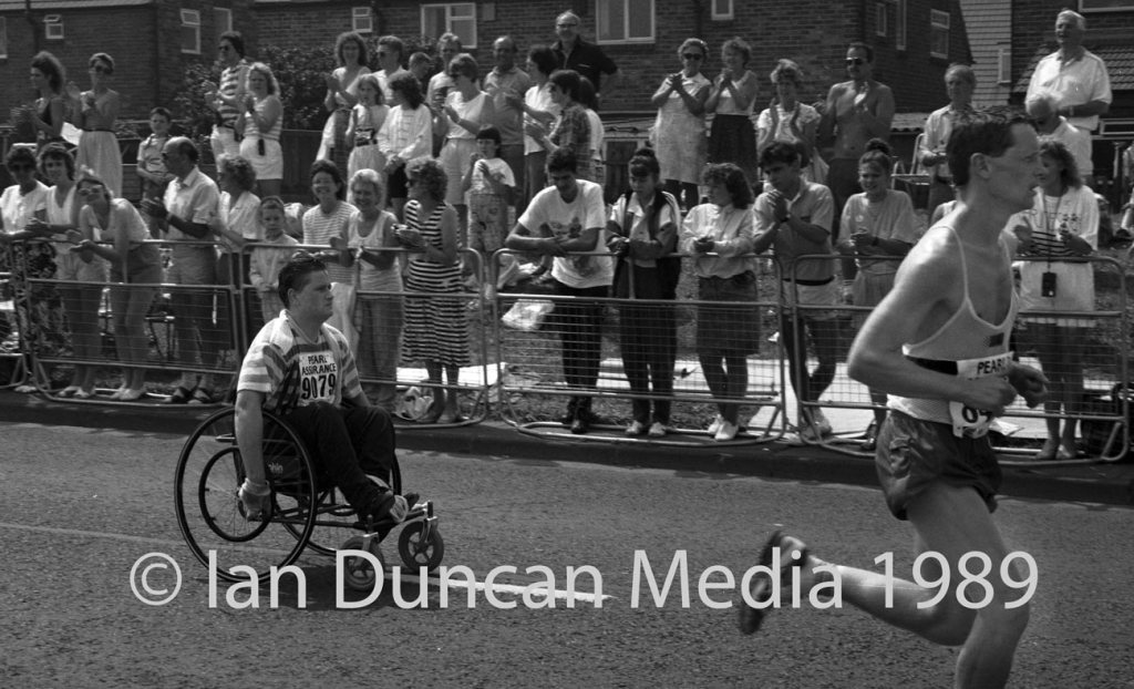 WHEELCHAIR RACE... A shot from 1989 showing a wheelchair participant taking part which shows that the event was inclusive from the start...