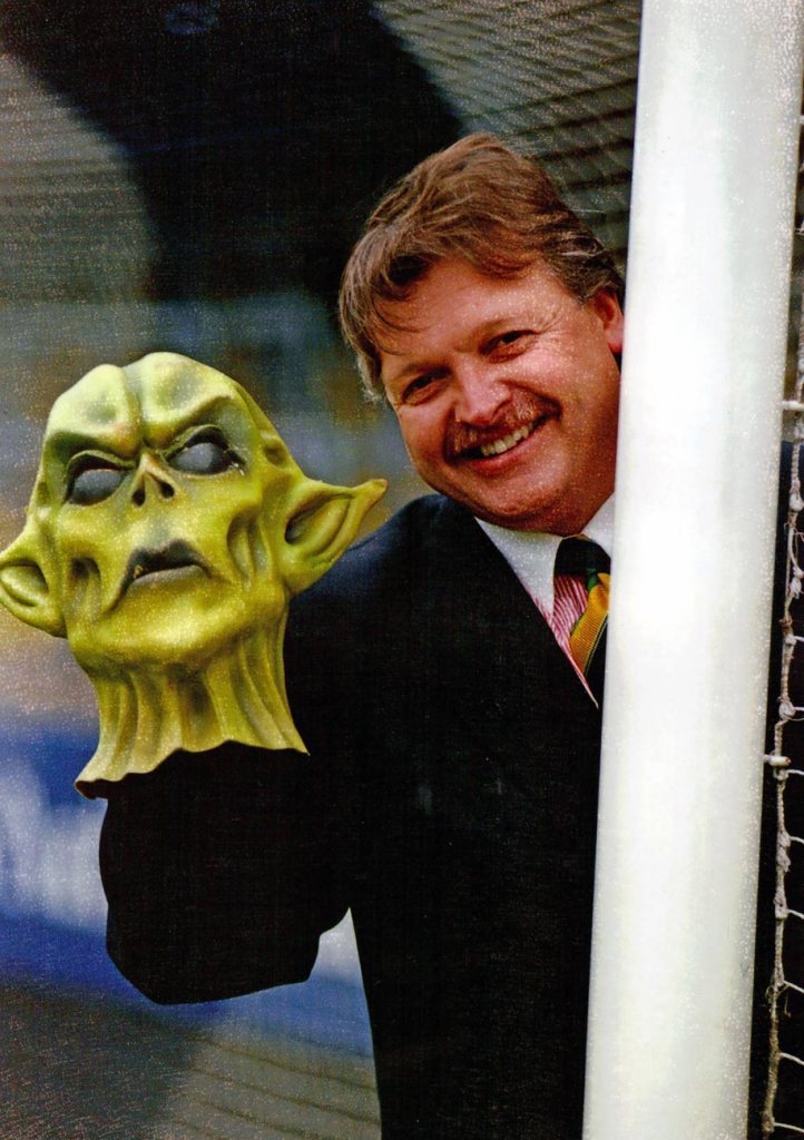 TEAM ME UP SCOTTY... Michael Knighton with an alien mask at Carlisle United's home ground at Brunton Park... 