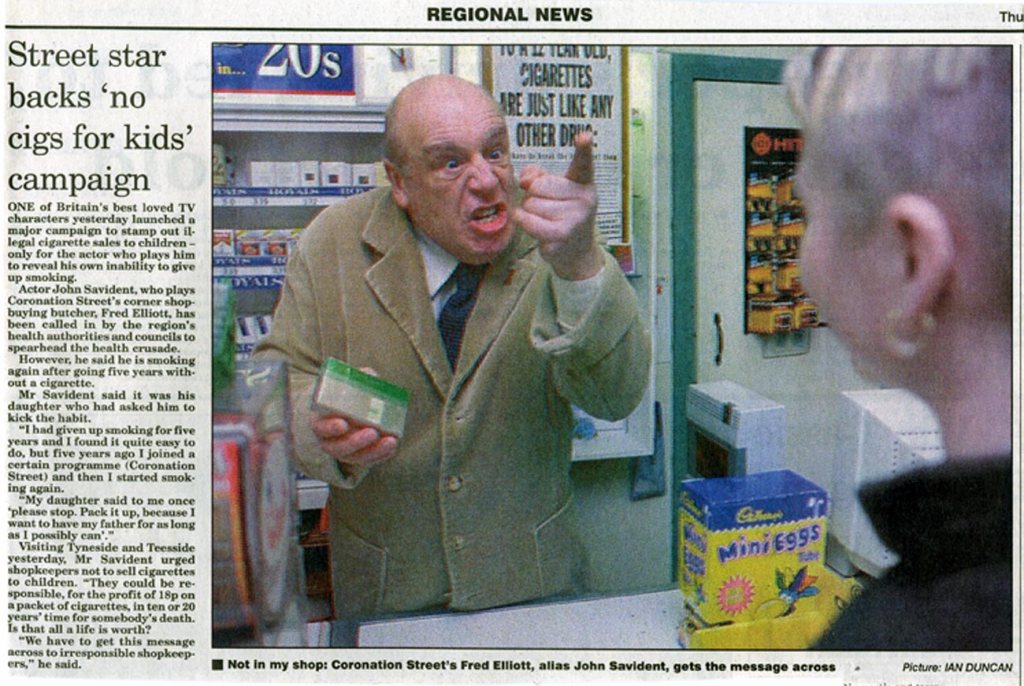 NOT IN MY SHOP... Coronation Street's Fred Elliott, alias John Savident, gets the message across... From the Northern Echo on Thursday, January 15, 1998...