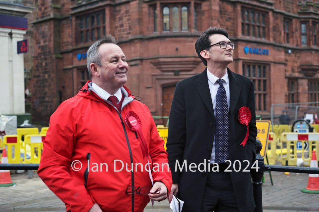 CAMPAIGN LAUNCH... L to R: David Allen, the Labour candidate for Cumbria's Police, Fire and Crime Commissioner, and Markus Campbell-Savours, who is the prospective Labour candidate for the Penrith and Solway constituency in the next general election at the launch of his campaign in Penrith today...