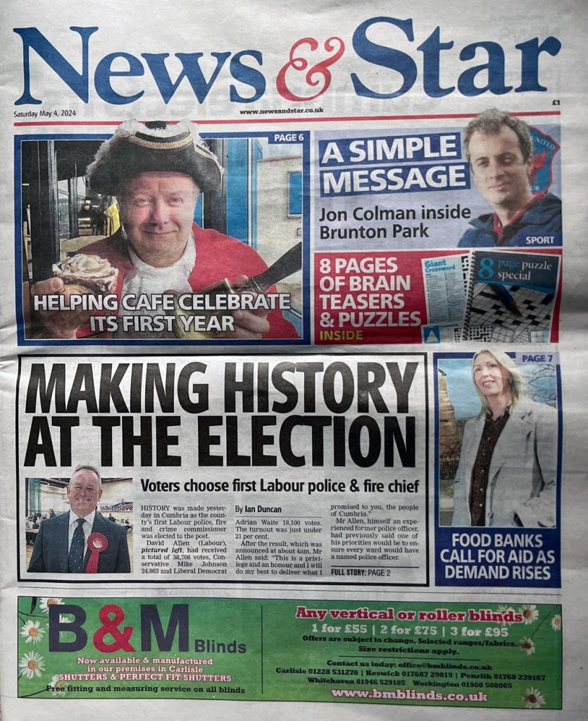 FRONT PAGE... My article as it appeared in the News & Star...