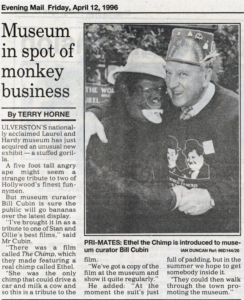 PRI-MATES...Ethel the Chimp is introduced to Museum curator Bill Cubin... Cutting from the North West Evening Mail on Friday, April 12, 1996...