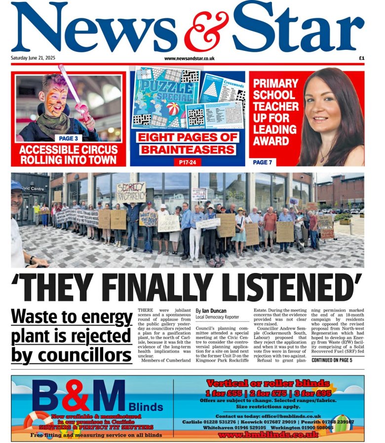 Protesters opposed to a proposed gasification plant in Rockcliffe, to the north of Carlisle, outside Carlisle Civic Centre ahead of the special planning committee meeting on Friday, June 20, 2025. The front page of the News & Star. Source: Ian Duncan.
