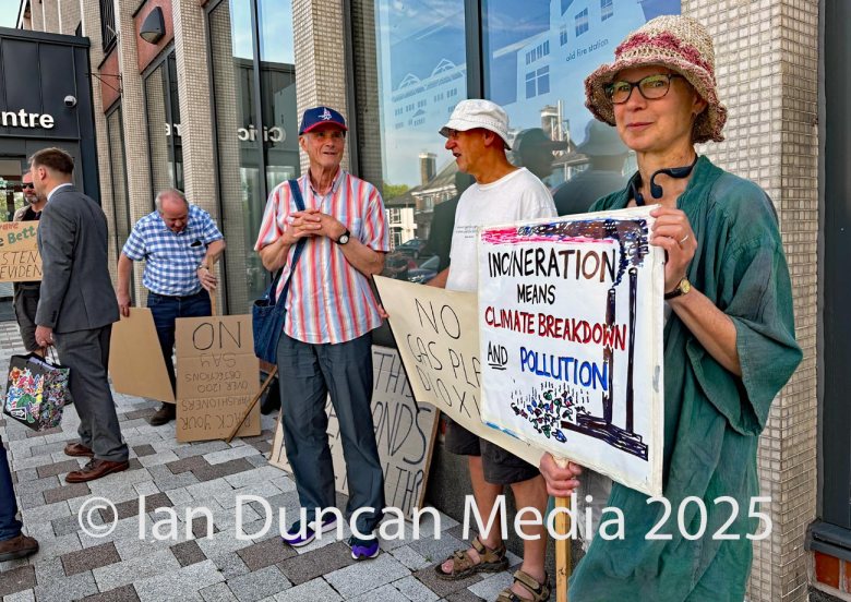 Protesters opposed to a proposed gasification plant in Rockcliffe, to the north of Carlisle, outside Carlisle Civic Centre ahead of the special planning committee meeting on Friday, June 20, 2025. Source: Ian Duncan.