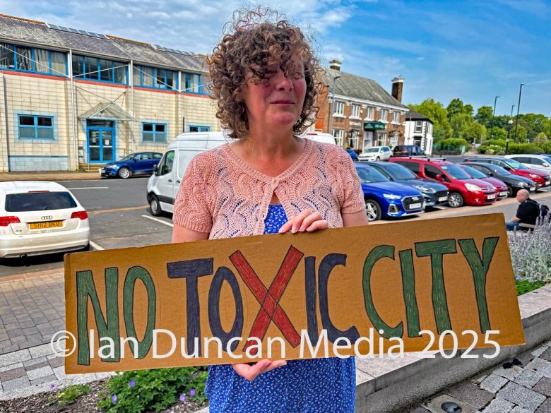 Protesters opposed to a proposed gasification plant in Rockcliffe, to the north of Carlisle, outside Carlisle Civic Centre ahead of the special planning committee meeting on Friday, June 20, 2025. Source: Ian Duncan.