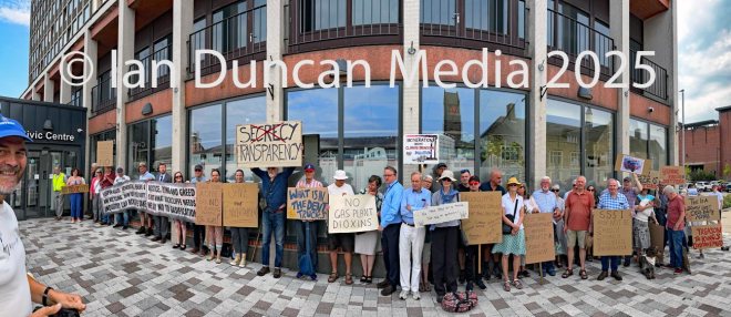 Protesters opposed to a proposed gasification plant in Rockcliffe, to the north of Carlisle, outside Carlisle Civic Centre ahead of the special planning committee meeting on Friday, June 20, 2025. Source: Ian Duncan.