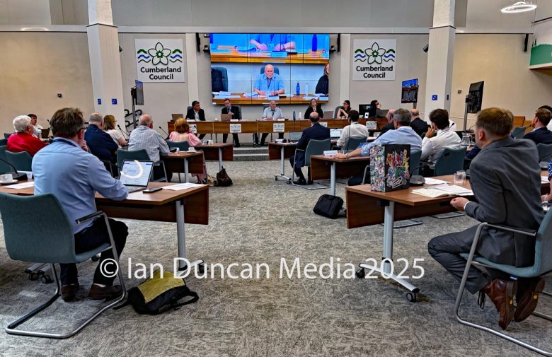 Protesters opposed to a proposed gasification plant in Rockcliffe, to the north of Carlisle, outside Carlisle Civic Centre ahead of the special planning committee meeting on Friday, June 20, 2025. The meeting. Source: Ian Duncan.