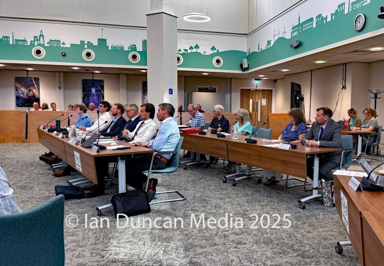 Protesters opposed to a proposed gasification plant in Rockcliffe, to the north of Carlisle, outside Carlisle Civic Centre ahead of the special planning committee meeting on Friday, June 20, 2025. The meeting. Source: Ian Duncan.