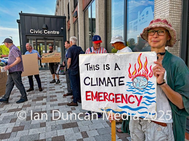 Protesters opposed to a proposed gasification plant in Rockcliffe, to the north of Carlisle, outside Carlisle Civic Centre ahead of the special planning committee meeting on Friday, June 20, 2025. Source: Ian Duncan.