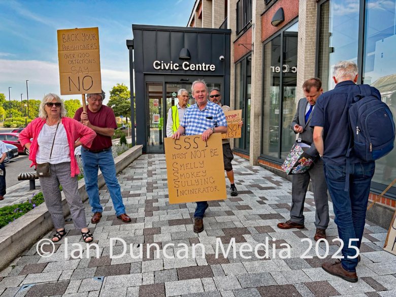 Protesters opposed to a proposed gasification plant in Rockcliffe, to the north of Carlisle, outside Carlisle Civic Centre ahead of the special planning committee meeting on Friday, June 20, 2025. Source: Ian Duncan.