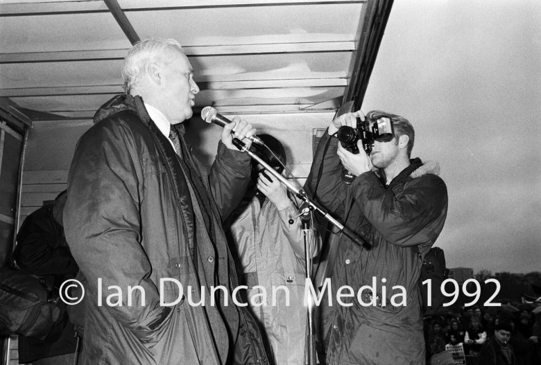 STUDENT DEMO... London in February 1992... Tony Benn speaking in Hyde Park...
