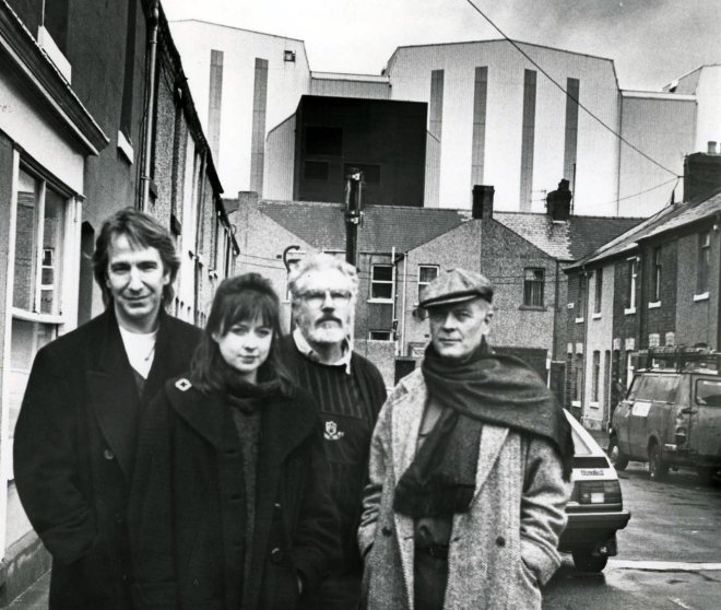 STROLL: Cast members Alan Rickman, from left, Julia Ford, David Burke and Michael Byrne pictured in Barrow in October 1992...