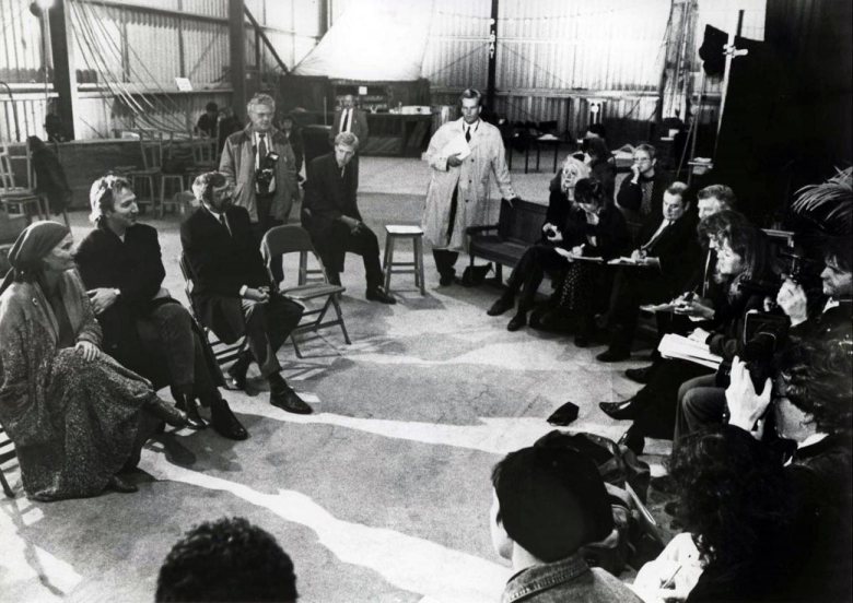 QUESTIONS: The national media at Barrow, to quiz actors and organisers of Hamlet in Brady’s Warehouse featuring me (bottom right) next to my future boss...