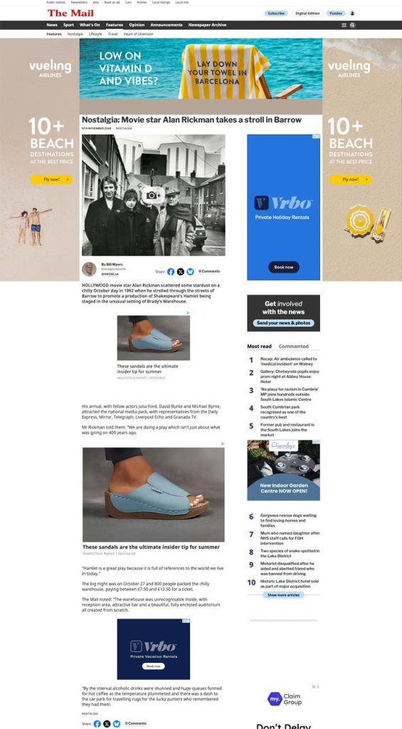 The Alan Rickman article as it appeared on the North West Evening Mail website on November 8, 2018.