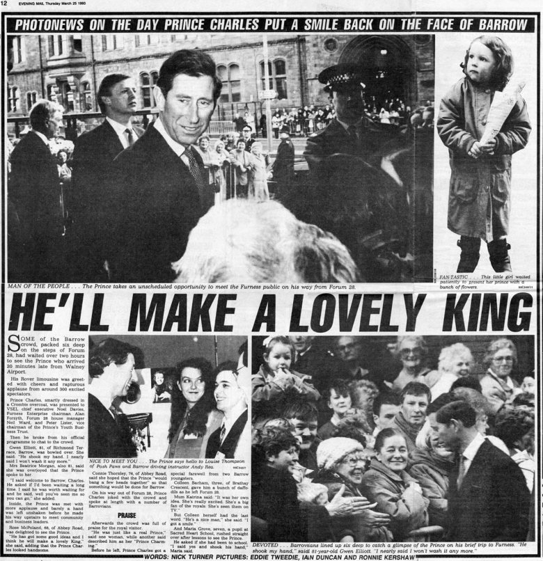 Coverage of the royal visit by Prince Charles in the centre pages of the North West Evening Mail on Thursday, March 25, 1993.
