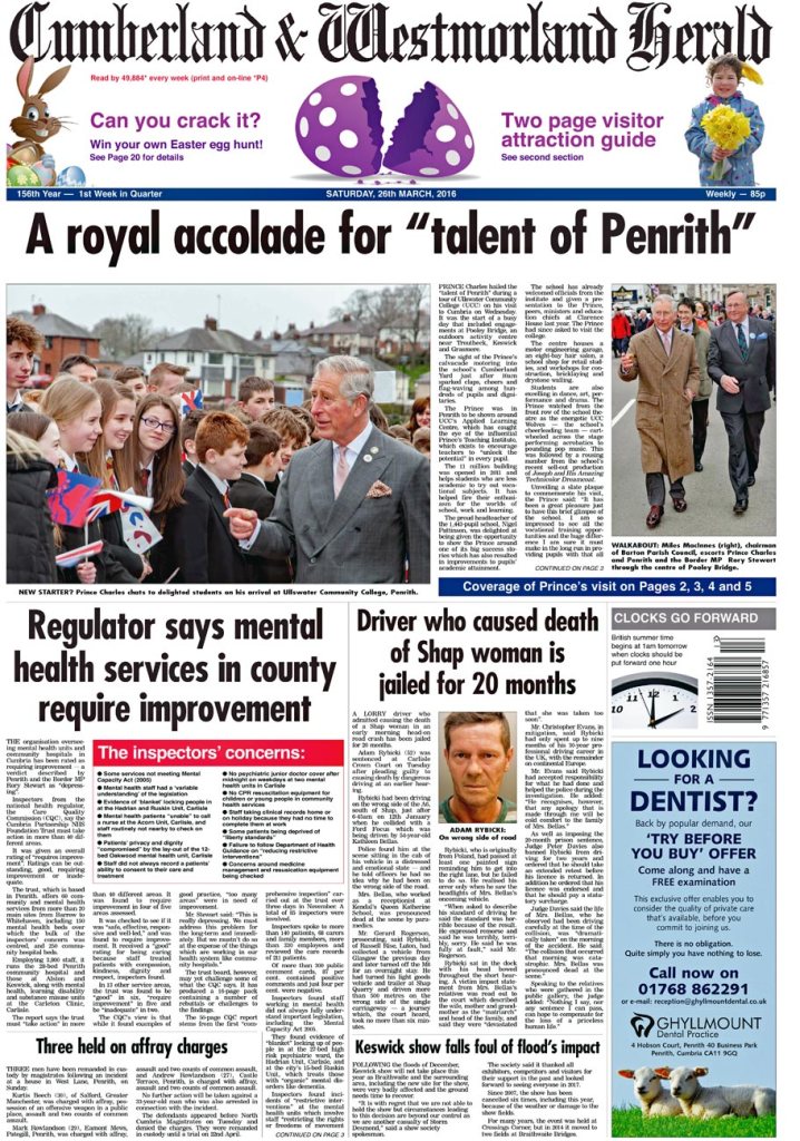 Front page coverage of Prince Charles' royal visit to Cumbria in the Cumberland & Westmorland Herald on Saturday, March 26, 2016.