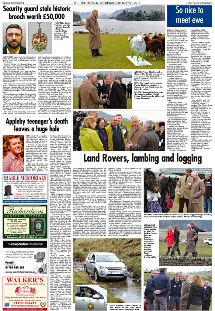 Front page coverage of Prince Charles' royal visit to Cumbria including my pics of his visit to Rookin House Activity Centre in the Cumberland & Westmorland Herald on Saturday, March 26, 2016.