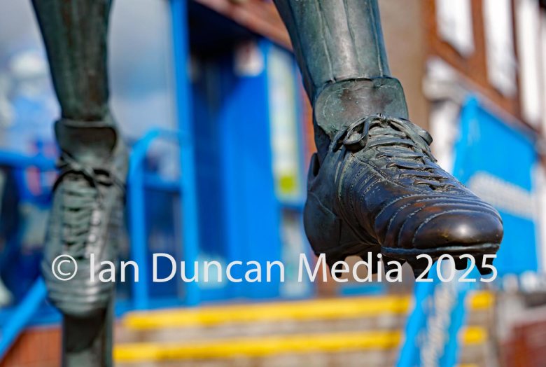 STATUE... Former Carlisle United player Hugh McIlmoyle statue outside the club's home ground Brunton Park in Warwick Road, Carlisle, Cumbria...
