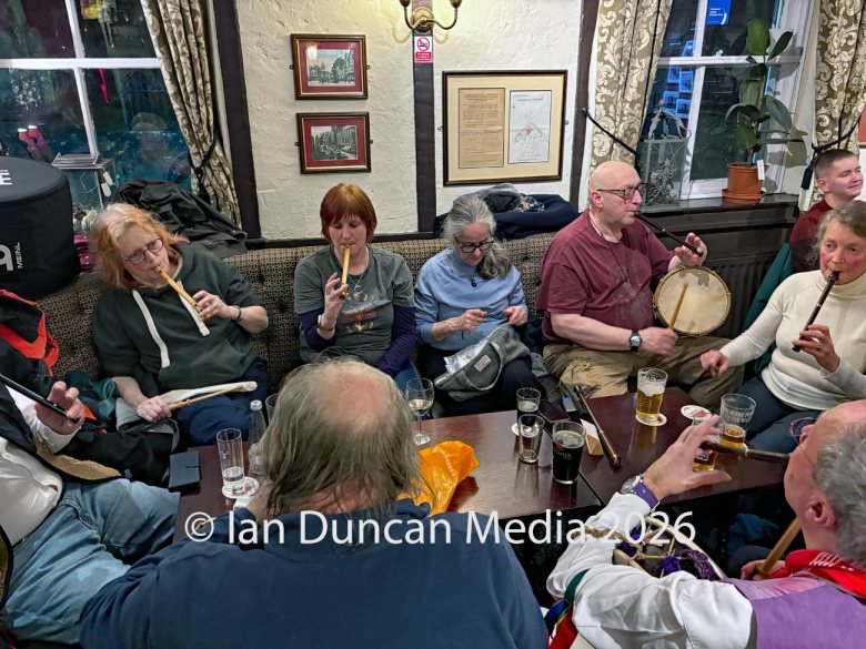 PERFORMANCE... Members of The Taborers Society making music in The Sportsman Inn in Carlisle. Source: Ian Duncan.