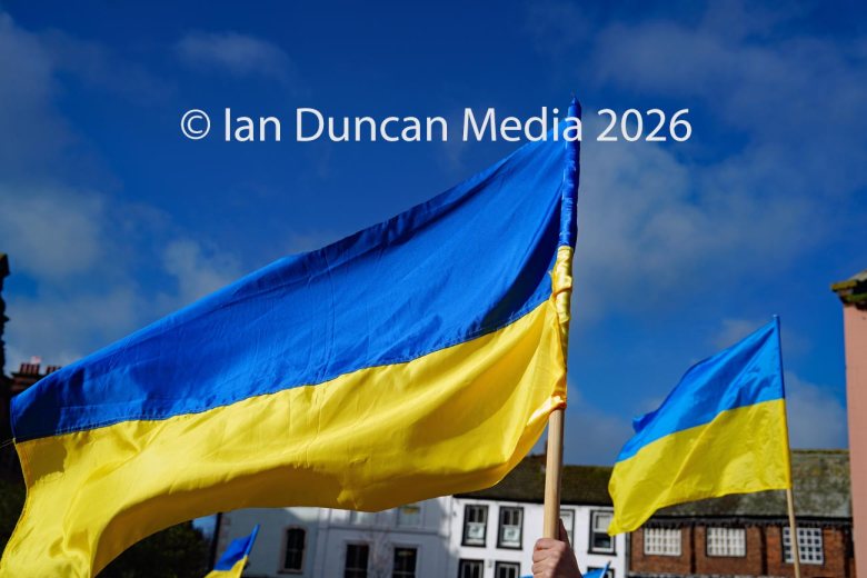 Ukrainian flag at the Vigil for Ukraine in the city centre to mark the fourth anniversary of the Russian invasion of Ukraine. Picture: Ian Duncan.