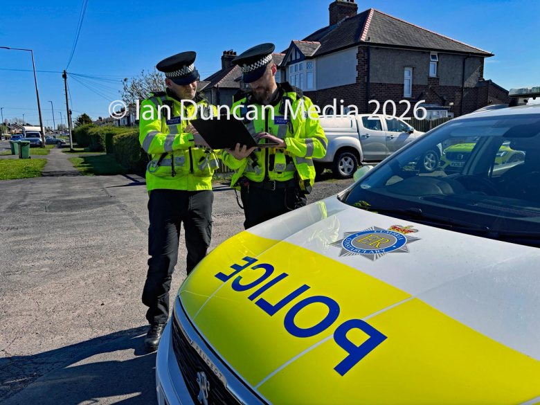 Road safety campaign Operation Colossus in Carlisle where Cumbria police select vehicles at random for inspection in London Road... Officers use a laptop to check vehicle and driver information... Picture: Ian Duncan.
