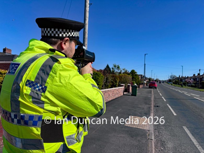 Road safety campaign Operation Colossus in Carlisle where Cumbria police select vehicles at random for inspection in London Road... Officer using a speed camera... Picture: Ian Duncan.