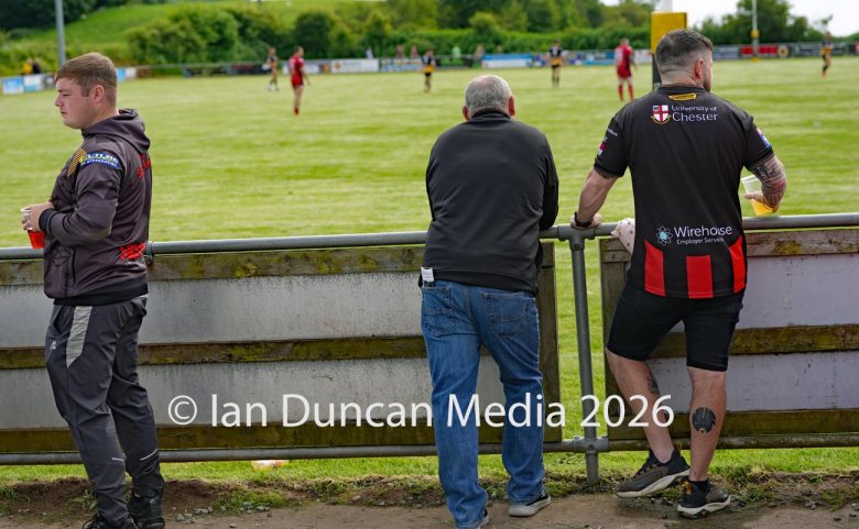 Wath Brow Hornets in black verses Thatto Heath Crusaders in red during a rugby league match in Cleator Moor in Cumbria. Source: Ian Duncan.