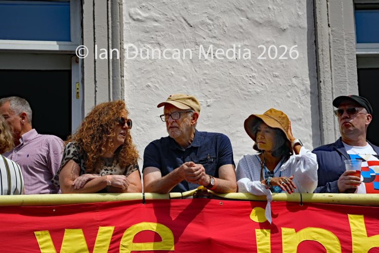 Jeremy Corbyn on The County hotel balcony at Durham Miners Gala in 2026. Picture: Ian Duncan.