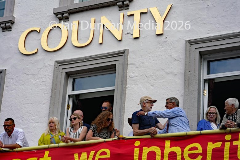 Jeremy Corbyn on The County hotel balcony at Durham Miners Gala in 2026. Picture: Ian Duncan.