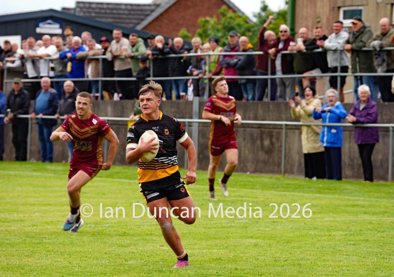 FIRST TRY... 17-year-old Conrad Dockwray scores his first try for Wath Brow Hornets in their rugby league match against Wigan St Judes at Giel Park in the Wath Brow area of Cleator Moor. In the end the score was 22-24 thanks to a last minute try by Wigan... Picture: Ian Duncan...