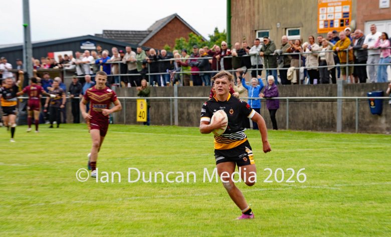 FIRST TRY... 17-year-old Conrad Dockwray scores his first try for Wath Brow Hornets in their rugby league match against Wigan St Judes at Giel Park in the Wath Brow area of Cleator Moor. In the end the score was 22-24 thanks to a last minute try by Wigan... Picture: Ian Duncan...