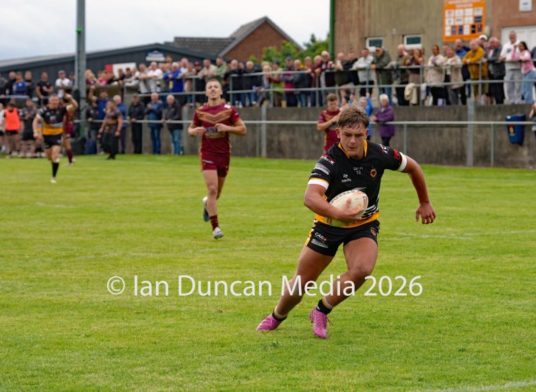 FIRST TRY... 17-year-old Conrad Dockwray scores his first try for Wath Brow Hornets in their rugby league match against Wigan St Judes at Giel Park in the Wath Brow area of Cleator Moor. In the end the score was 22-24 thanks to a last minute try by Wigan... Picture: Ian Duncan...