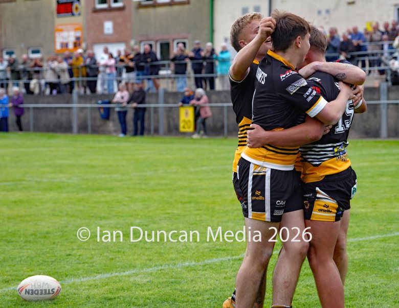 FIRST TRY... 17-year-old Conrad Dockwray, number 15, scores his first try for Wath Brow Hornets in their rugby league match against Wigan St Judes at Giel Park in the Wath Brow area of Cleator Moor. In the end the score was 22-24 thanks to a last minute try by Wigan... Picture: Ian Duncan...