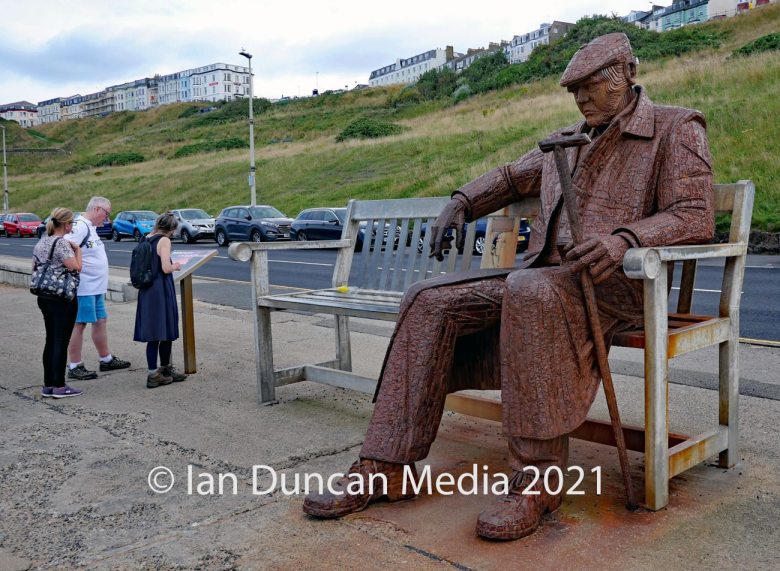 Freddie Gilroy and the Belsen Stragglers statue in Scarborough's North Bay in North Yorkshire by artist Ray Lonsdale. Photo: Ian Duncan.